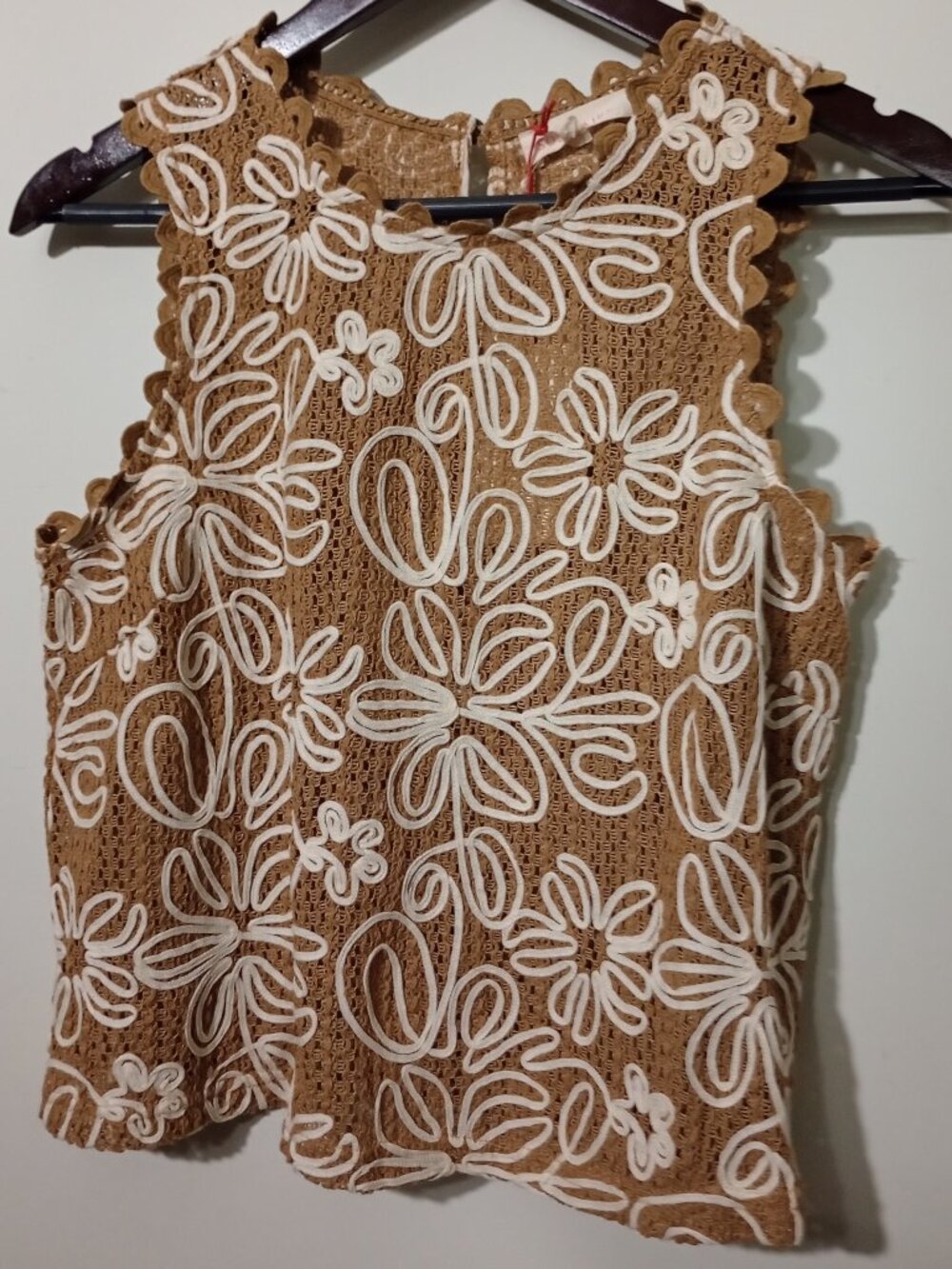 Solitaire Brown Crochet Floral Embroidered Sheer Sleeveless Top Med